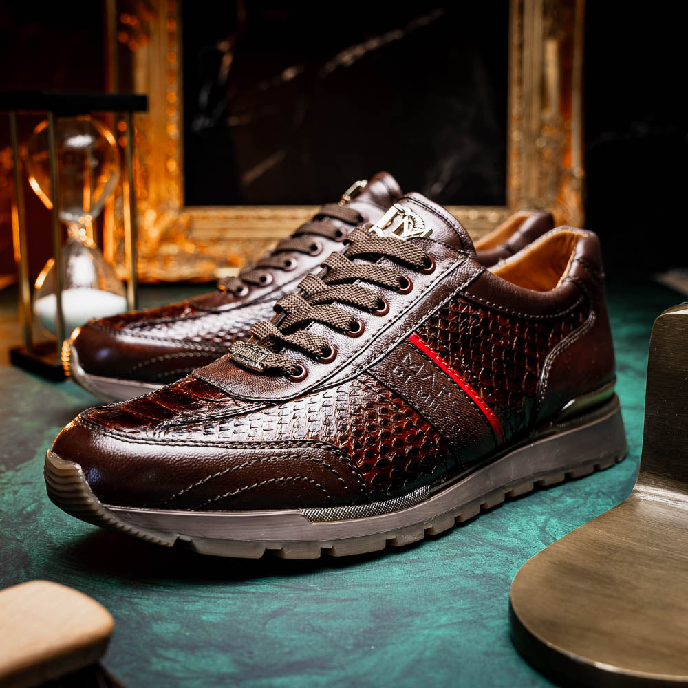Brescia Snake and Classic Calfskin Fashion Sneaker Brown