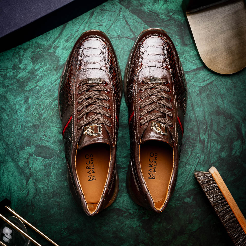 Brescia Snake and Classic Calfskin Fashion Sneaker Brown