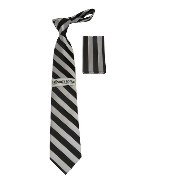 Men's Stacy Adams Tie and Hankie Set Woven Design #Stacy38 Black Silver