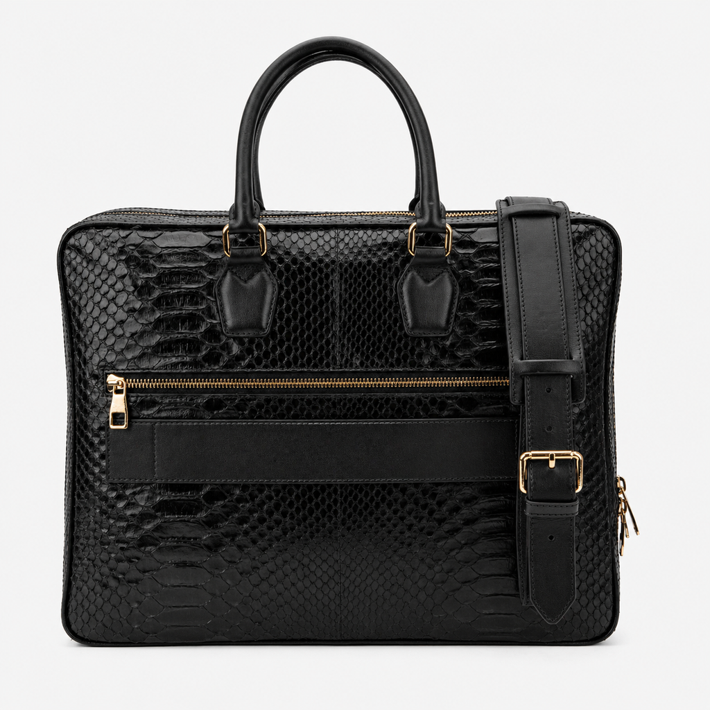The Cortona Black Snake Leather Men’s Laptop Briefcase
