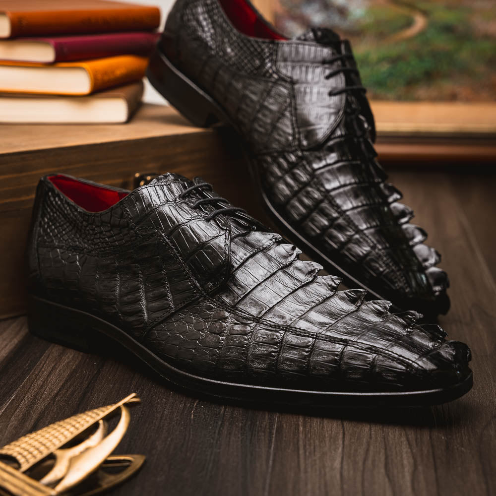 Cancun Genuine Hornback Caiman Crocodile Dress Derby's Shoes Black