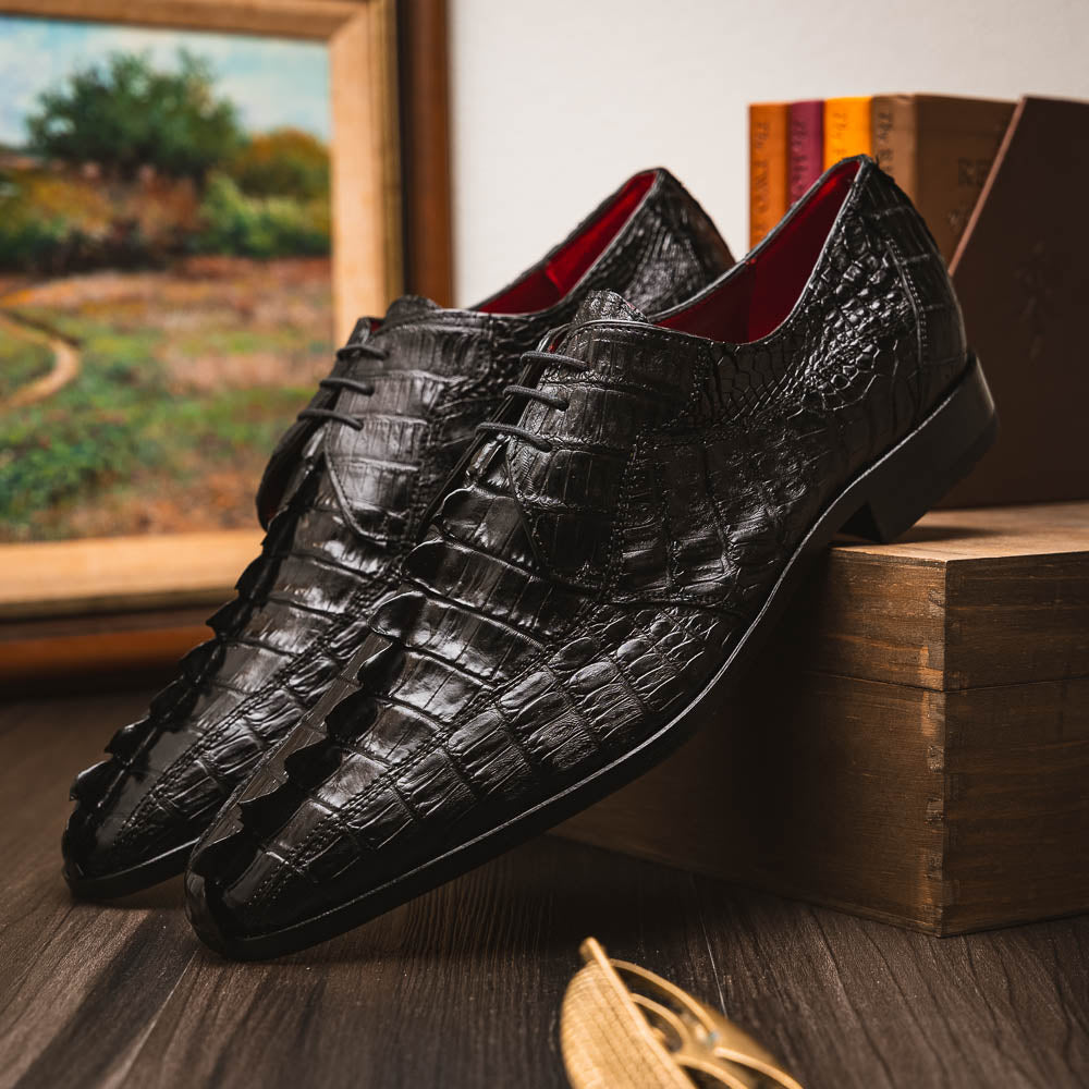 Cancun Genuine Hornback Caiman Crocodile Dress Derby's Shoes Black