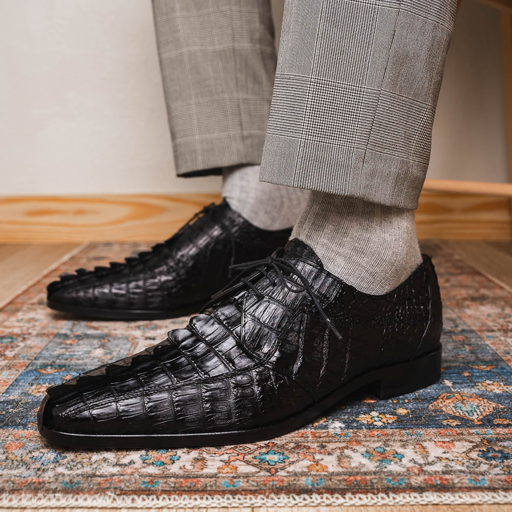 Cancun Genuine Hornback Caiman Crocodile Dress Derby's Shoes Black
