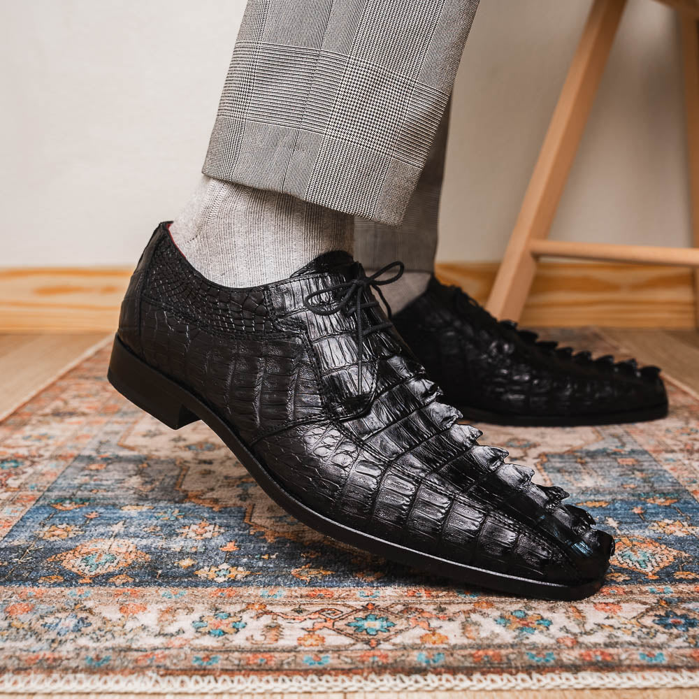 Cancun Genuine Hornback Caiman Crocodile Dress Derby's Shoes Black
