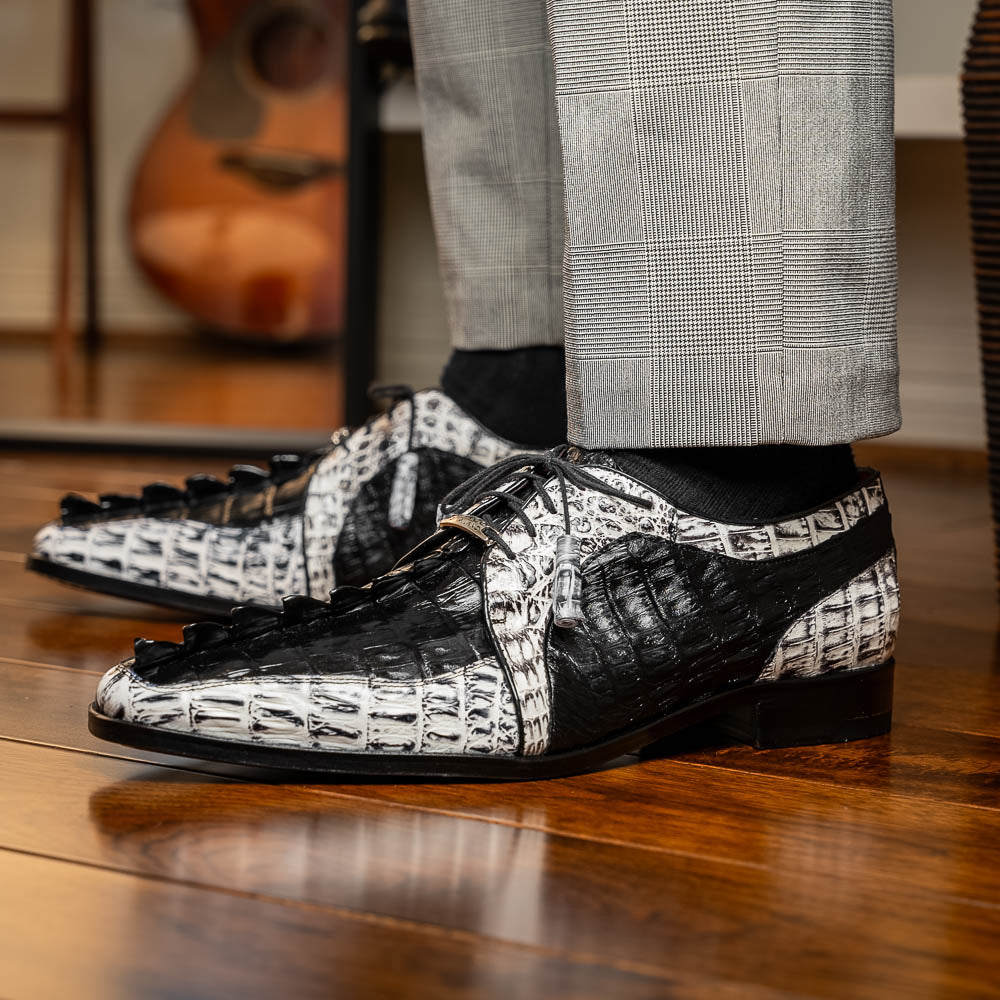 Caribe Genuine Hornback Caiman Crocodile Derby's Shoes Black / Newspaper