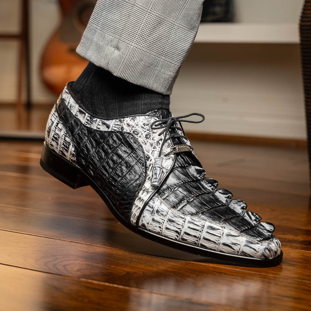 Caribe Genuine Hornback Caiman Crocodile Derby's Shoes Black / Newspaper
