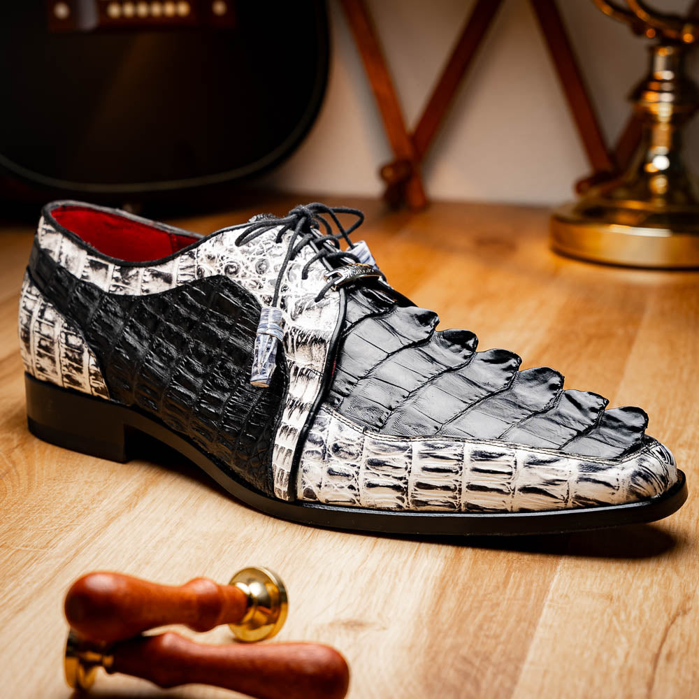 Caribe Genuine Hornback Caiman Crocodile Derby's Shoes Black / Newspaper
