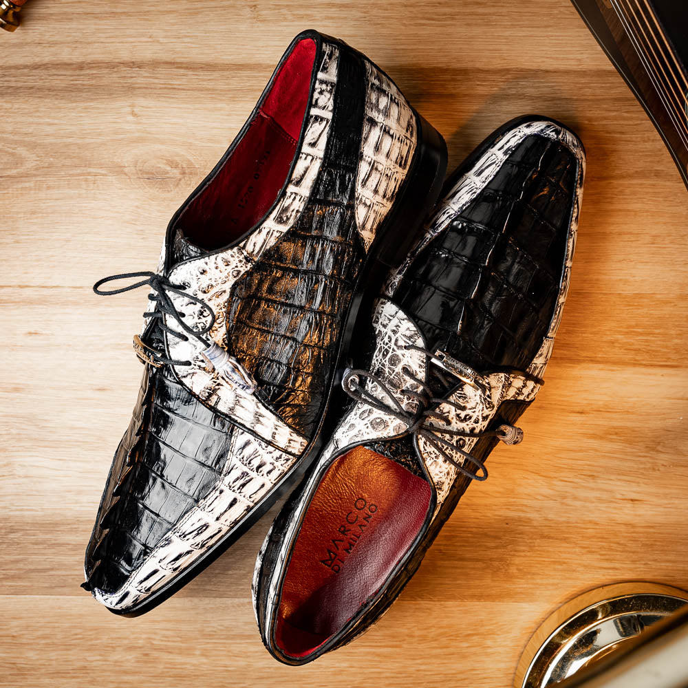 Caribe Genuine Hornback Caiman Crocodile Derby's Shoes Black / Newspaper