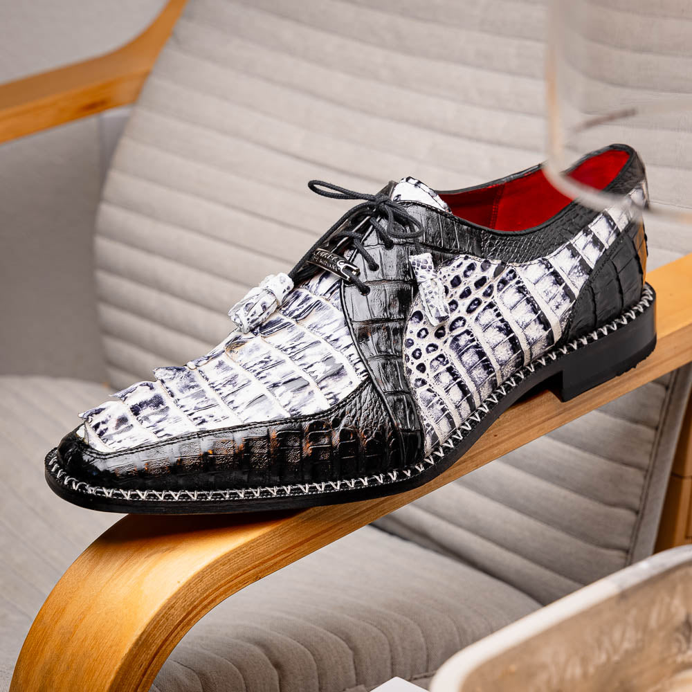 Caribe Genuine Hornback Caiman Crocodile Dress Shoes Newspaper / Black