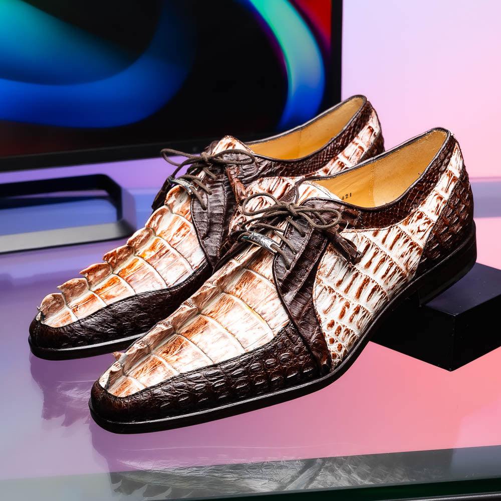 Caribe Rustic Caiman Crocodile Dress Derby's Shoes  White / Brown