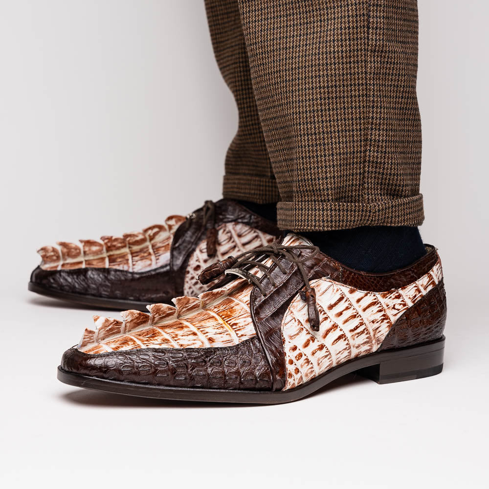 Caribe Rustic Caiman Crocodile Dress Derby's Shoes  White / Brown