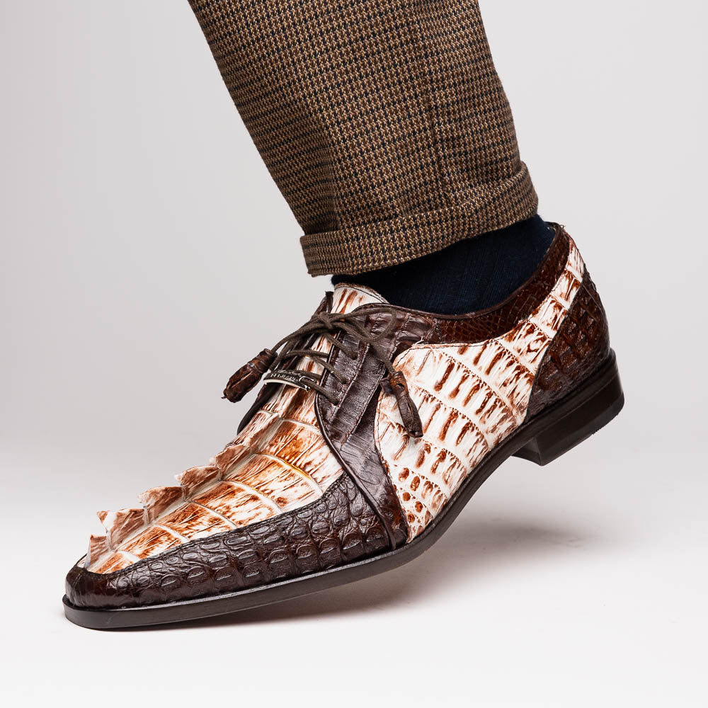 Caribe Rustic Caiman Crocodile Dress Derby's Shoes  White / Brown