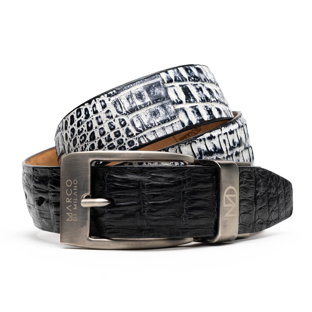 Caribe Genuine Exotic Caiman Fuscus Back and Belly Belt Black / Newspaper