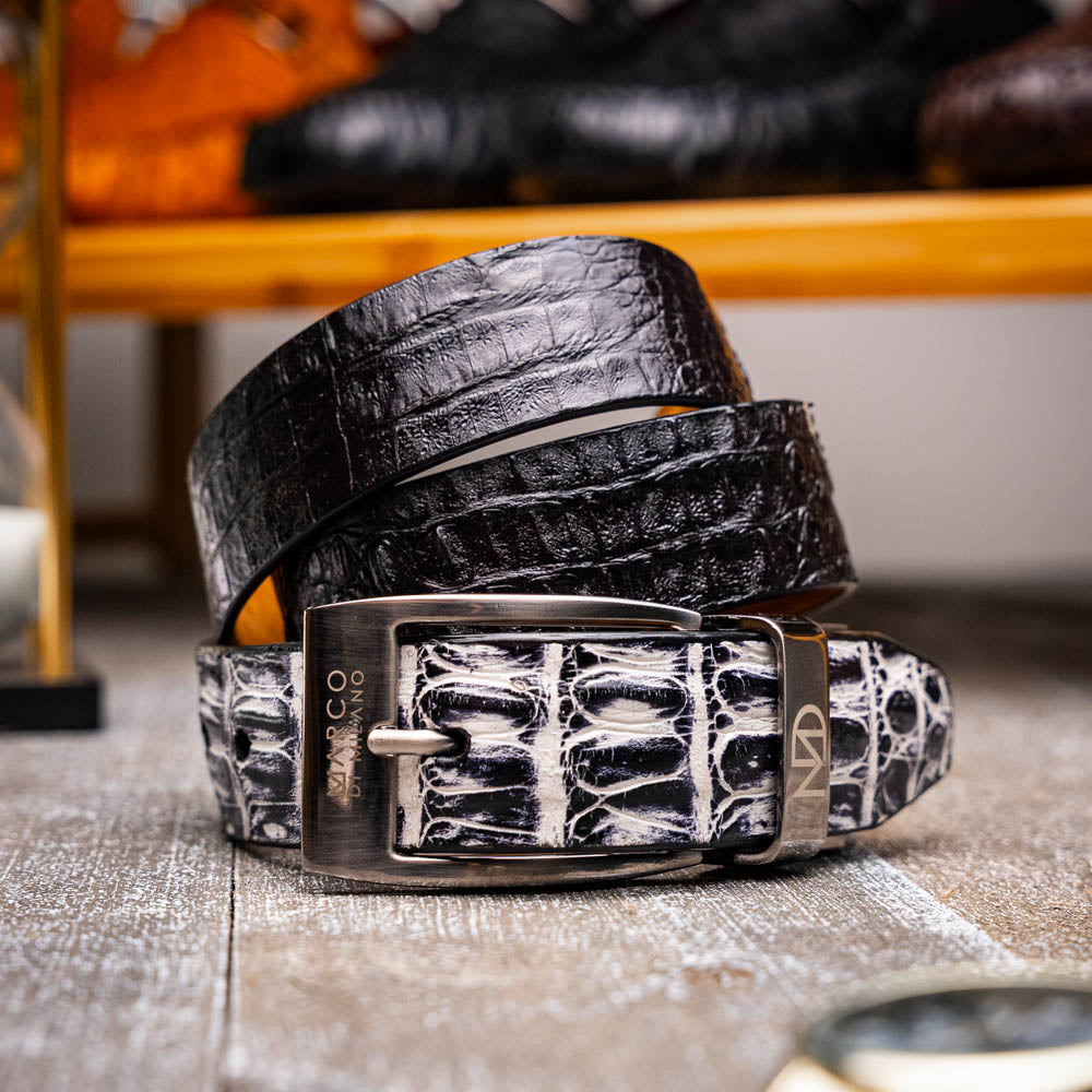 Caribe Genuine Exotic Caiman Fuscus Belly Belt Newspaper / Black