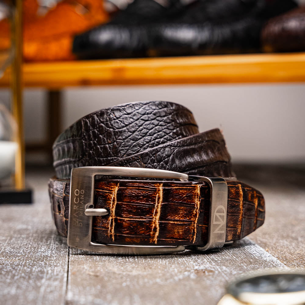Caribe Genuine Exotic Caiman Fuscus Back and Belly Belt Brown / Pantano