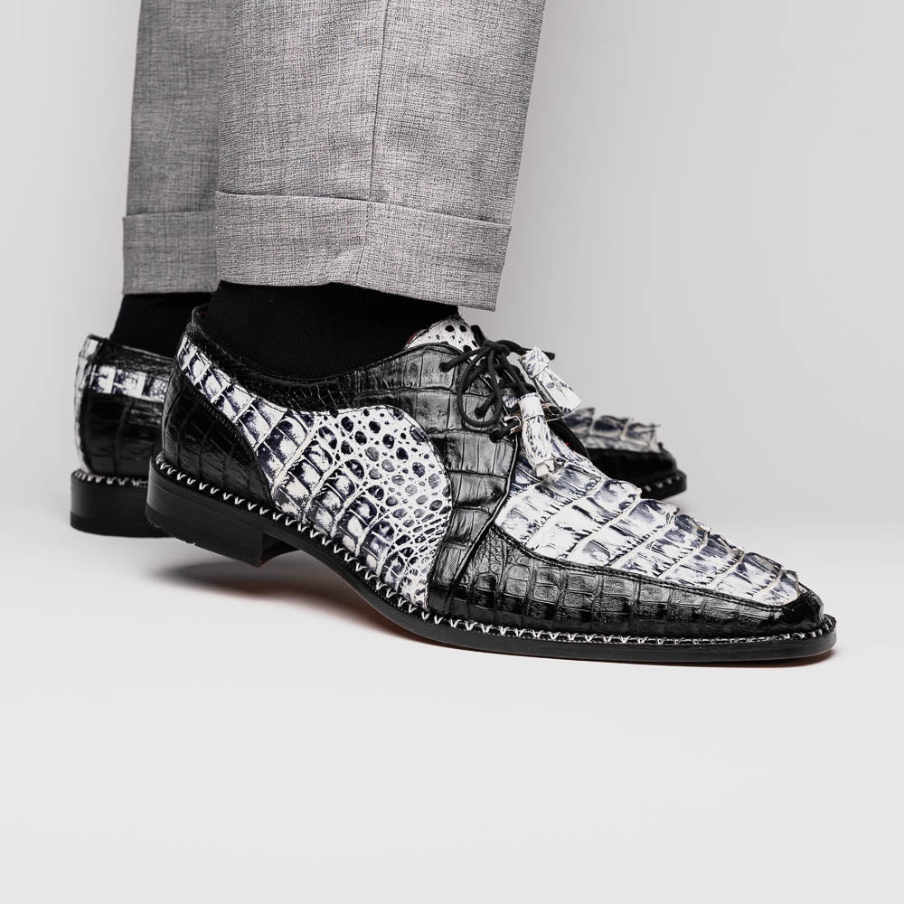 Caribe Genuine Hornback Caiman Crocodile Dress Shoes Newspaper / Black