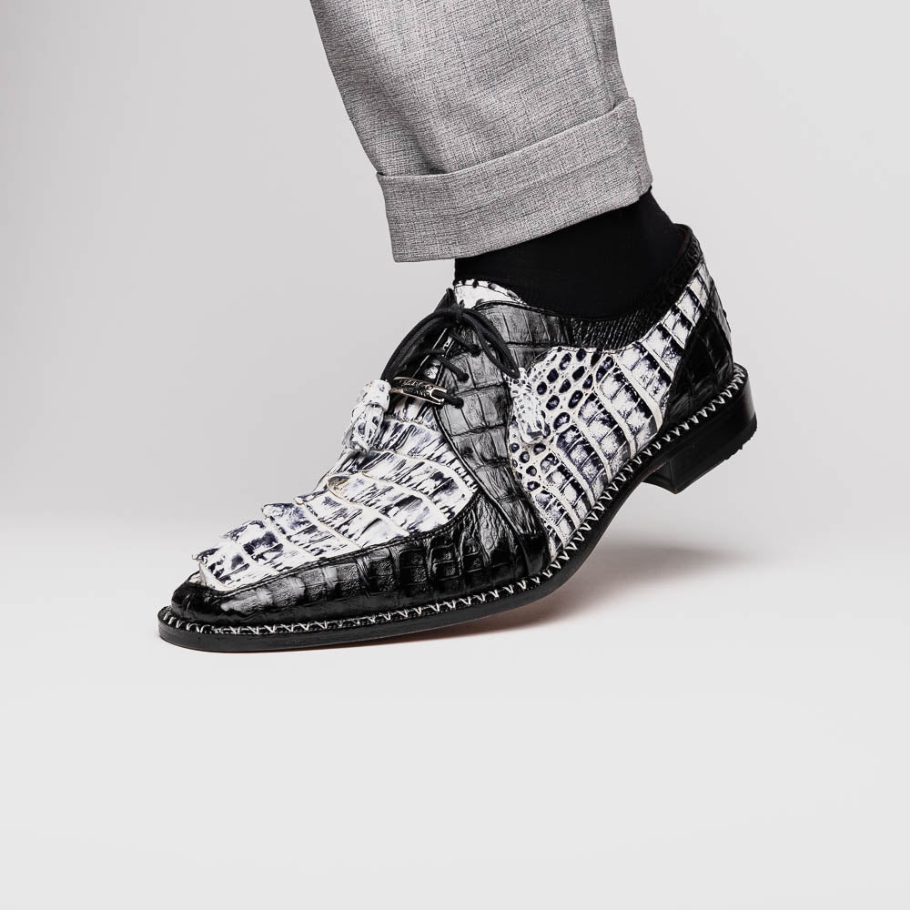 Caribe Genuine Hornback Caiman Crocodile Dress Shoes Newspaper / Black
