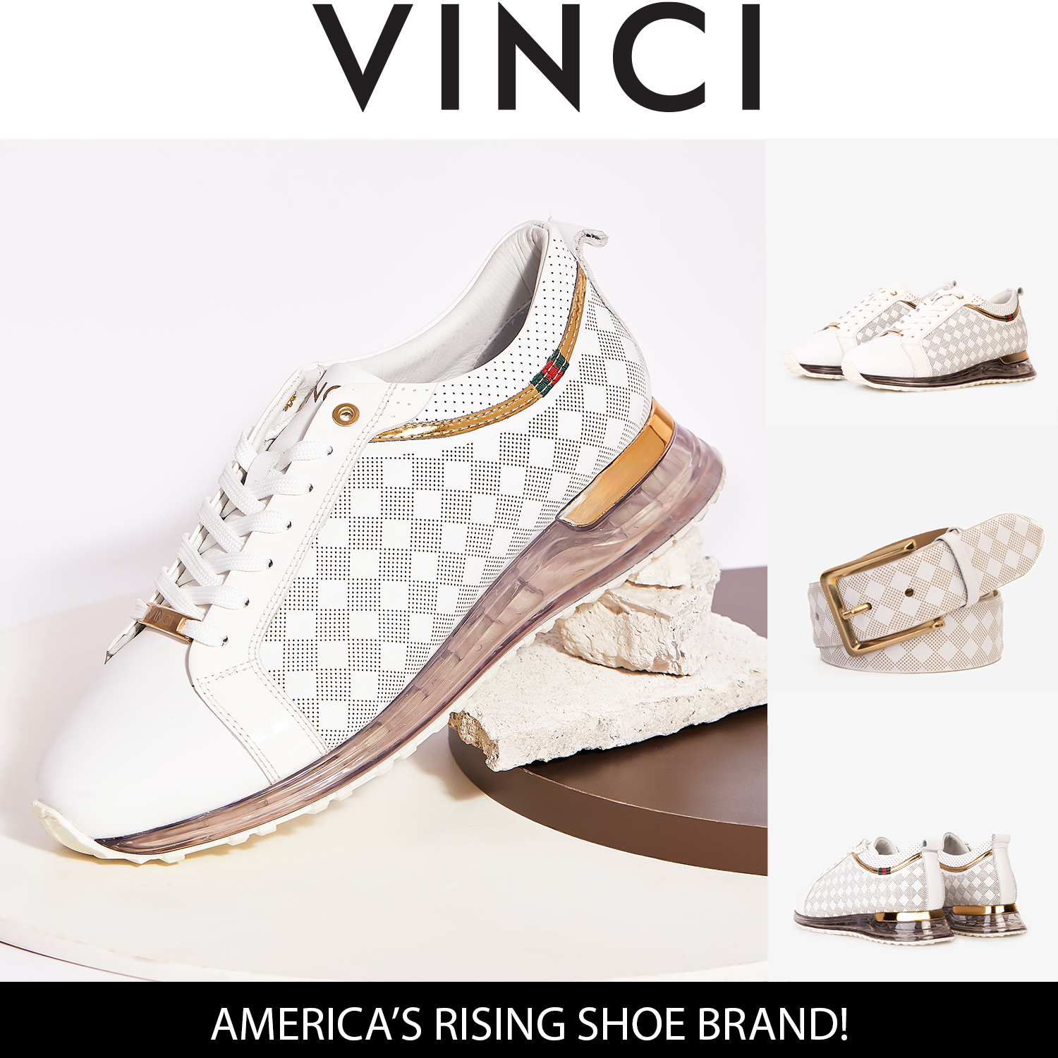 Vinci The Cenova White & Gold Leather Men Sneaker