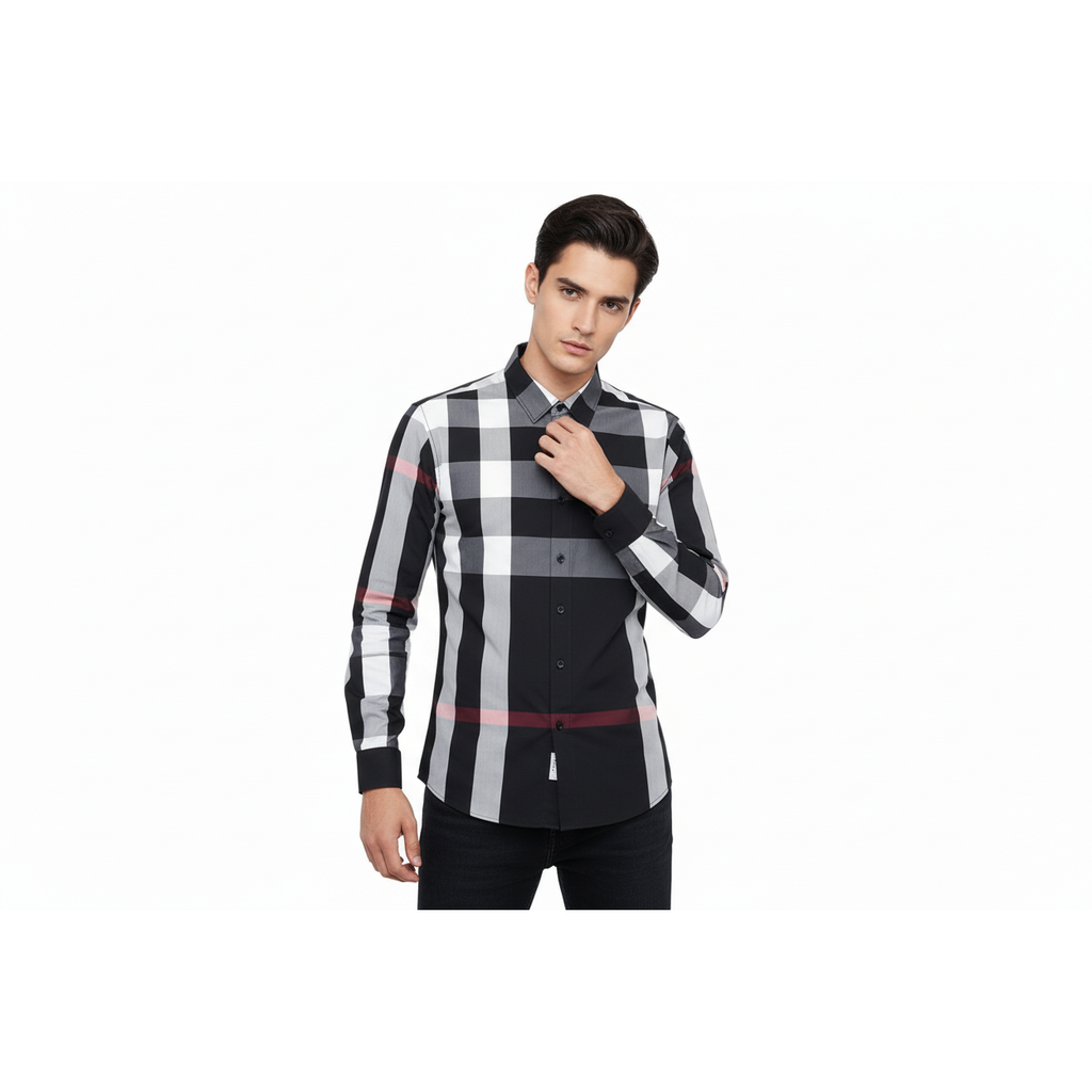 Men's Sports Shirt Clavi By Moderno Checker Plaid Long Sleeves CJLS-104 Black