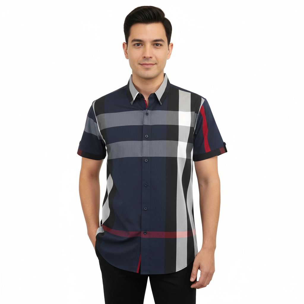 Men's Sports Shirt Clavi By Moderno Checker Plaid Short Sleeves CJSS-203 Navy