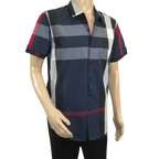Men's Sports Shirt Clavi By Moderno Checker Plaid Short Sleeves CJSS-203 Navy