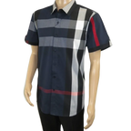 Men's Sports Shirt Clavi By Moderno Checker Plaid Short Sleeves CJSS-203 Navy