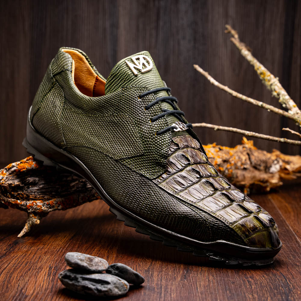 Genuine caiman hornback Crocodile and lizard skin Sneaker Crater Rustic Olive