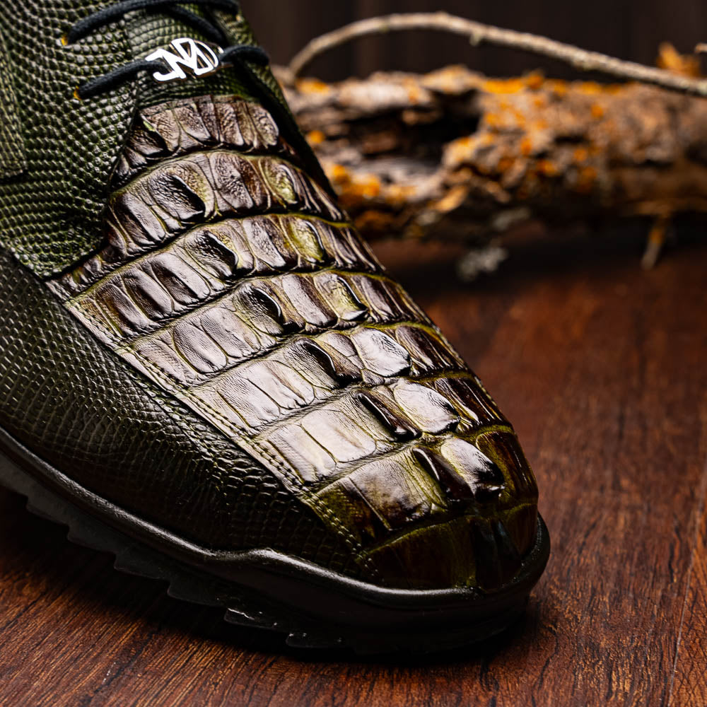 Genuine caiman hornback Crocodile and lizard skin Sneaker Crater Rustic Olive