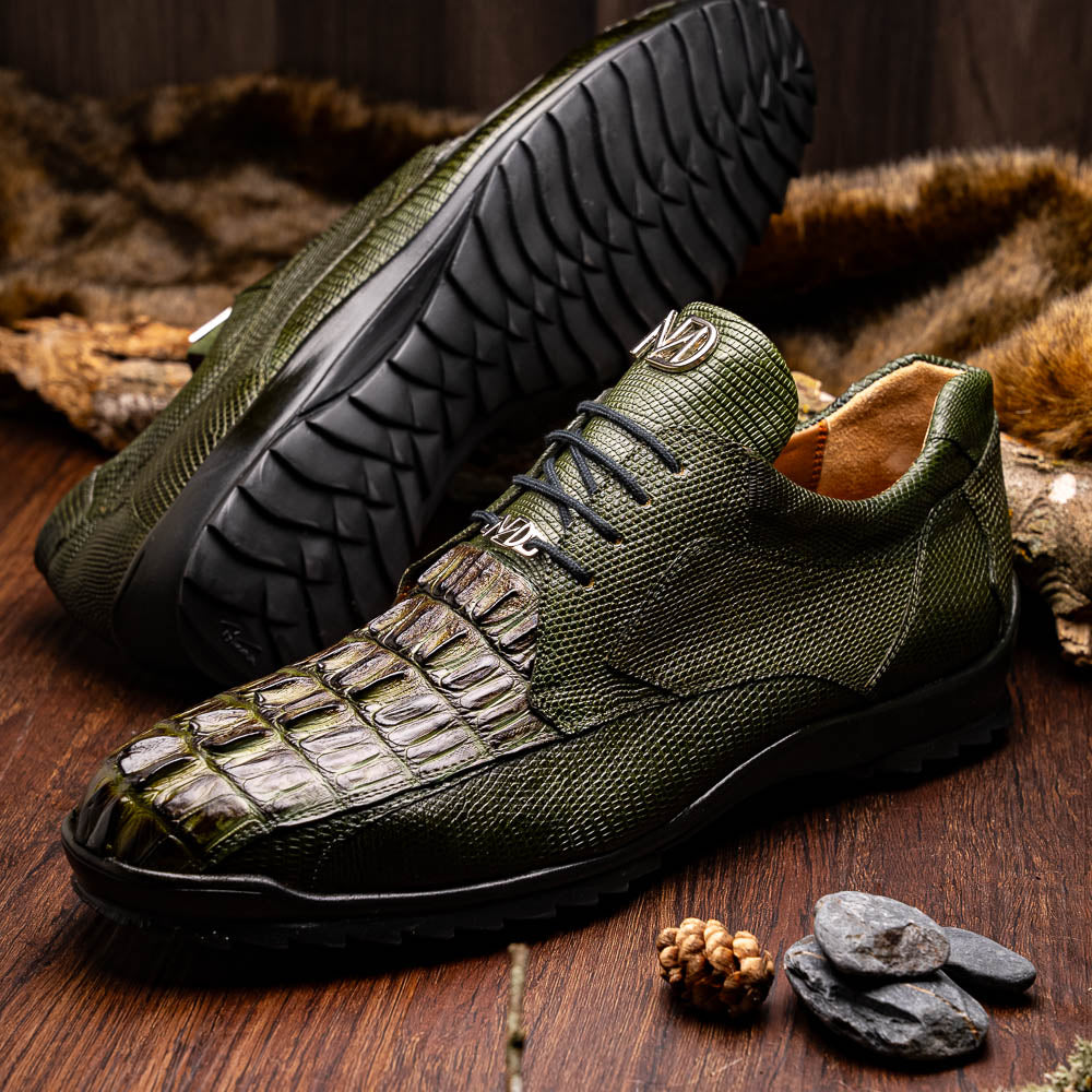 Genuine caiman hornback Crocodile and lizard skin Sneaker Crater Rustic Olive