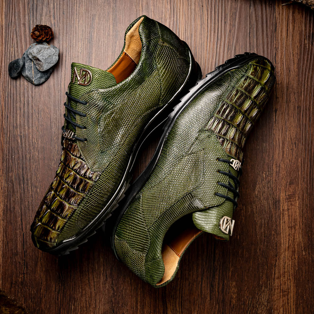 Genuine caiman hornback Crocodile and lizard skin Sneaker Crater Rustic Olive