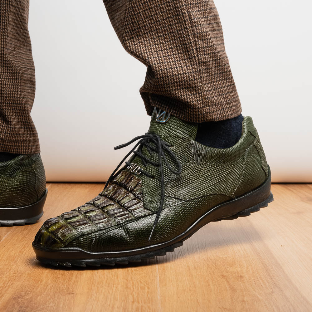 Genuine caiman hornback Crocodile and lizard skin Sneaker Crater Rustic Olive