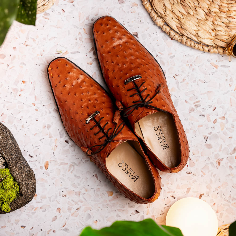 Criss  Genuine Ostrich Quill Dress Oxford Shoes Brandy