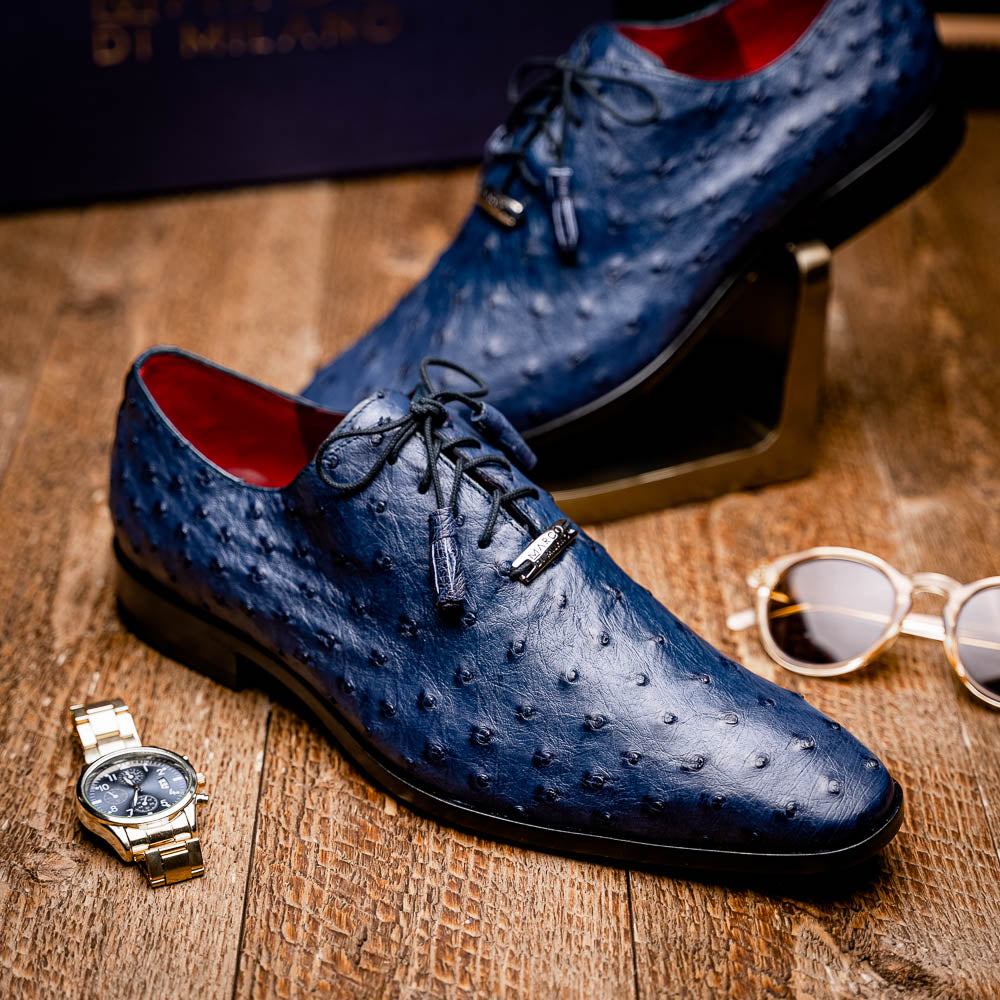 Criss Genuine Ostrich Quill Classic Dress Oxford Shoes Navy