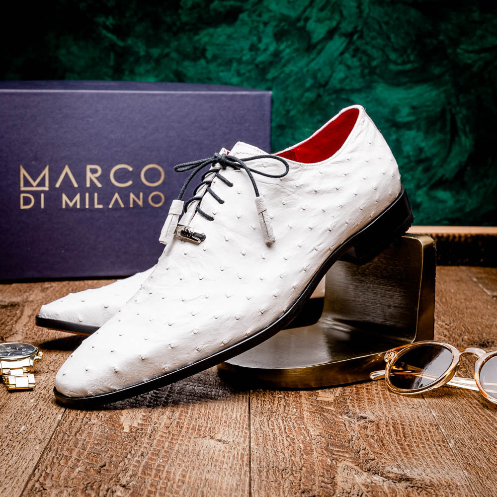 Criss Genuine Ostrich Quill Oxford Dress Shoes  White