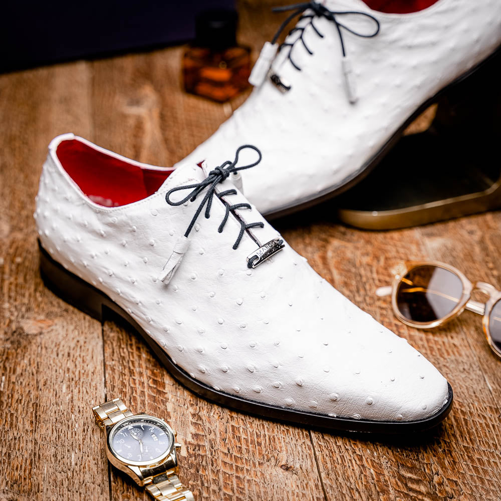 Criss Genuine Ostrich Quill Oxford Dress Shoes  White