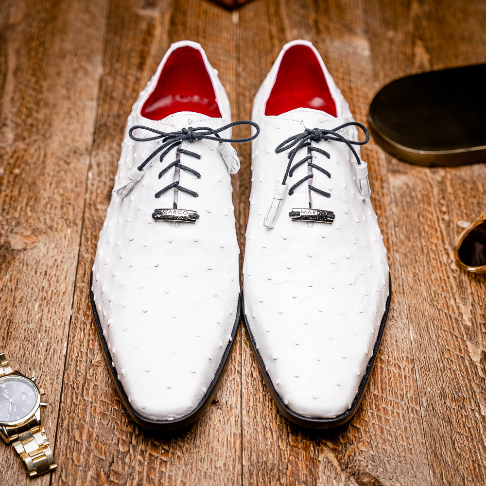 Criss Genuine Ostrich Quill Oxford Dress Shoes  White