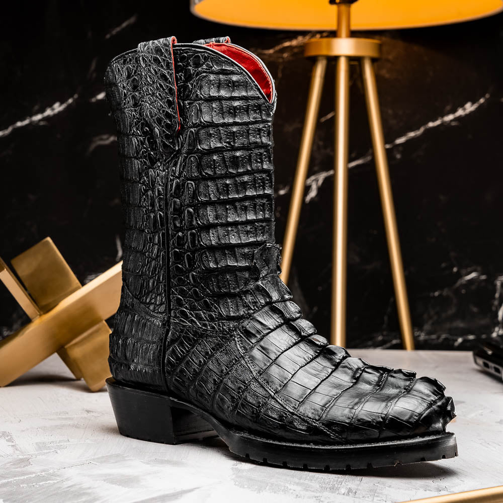 MARLBORO Genuine Hornback Caiman Skin Cowboy Boot Black