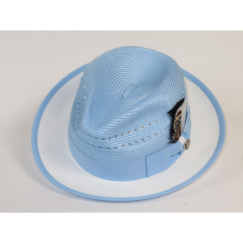 Men's Bruno Capelo 2-Tone Straw Fedora Hat CASANOVA CV891 White/Blue