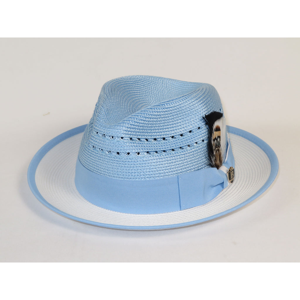Men's Bruno Capelo 2-Tone Straw Fedora Hat CASANOVA CV891 White/Blue