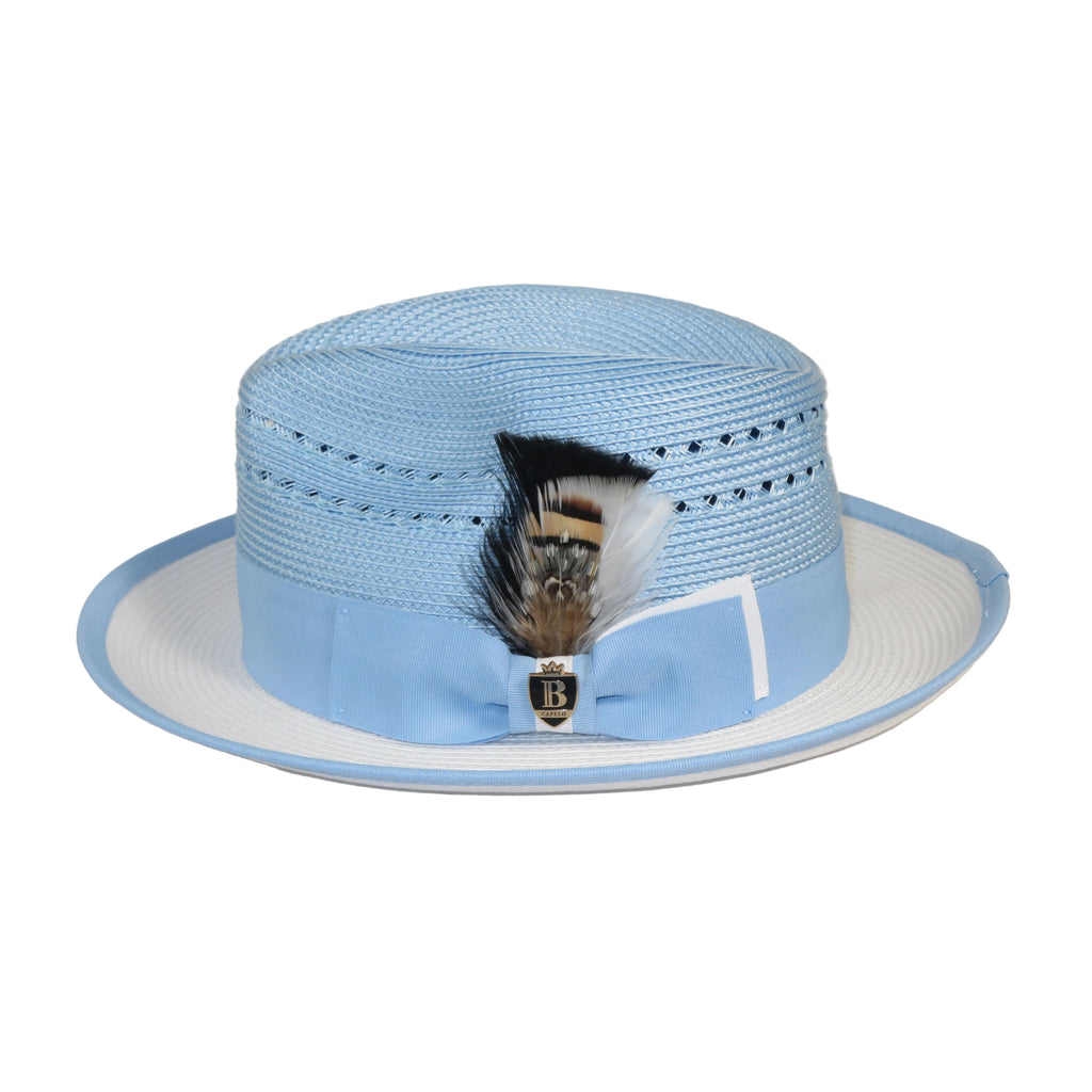 Men's Bruno Capelo 2-Tone Straw Fedora Hat CASANOVA CV891 White/Blue