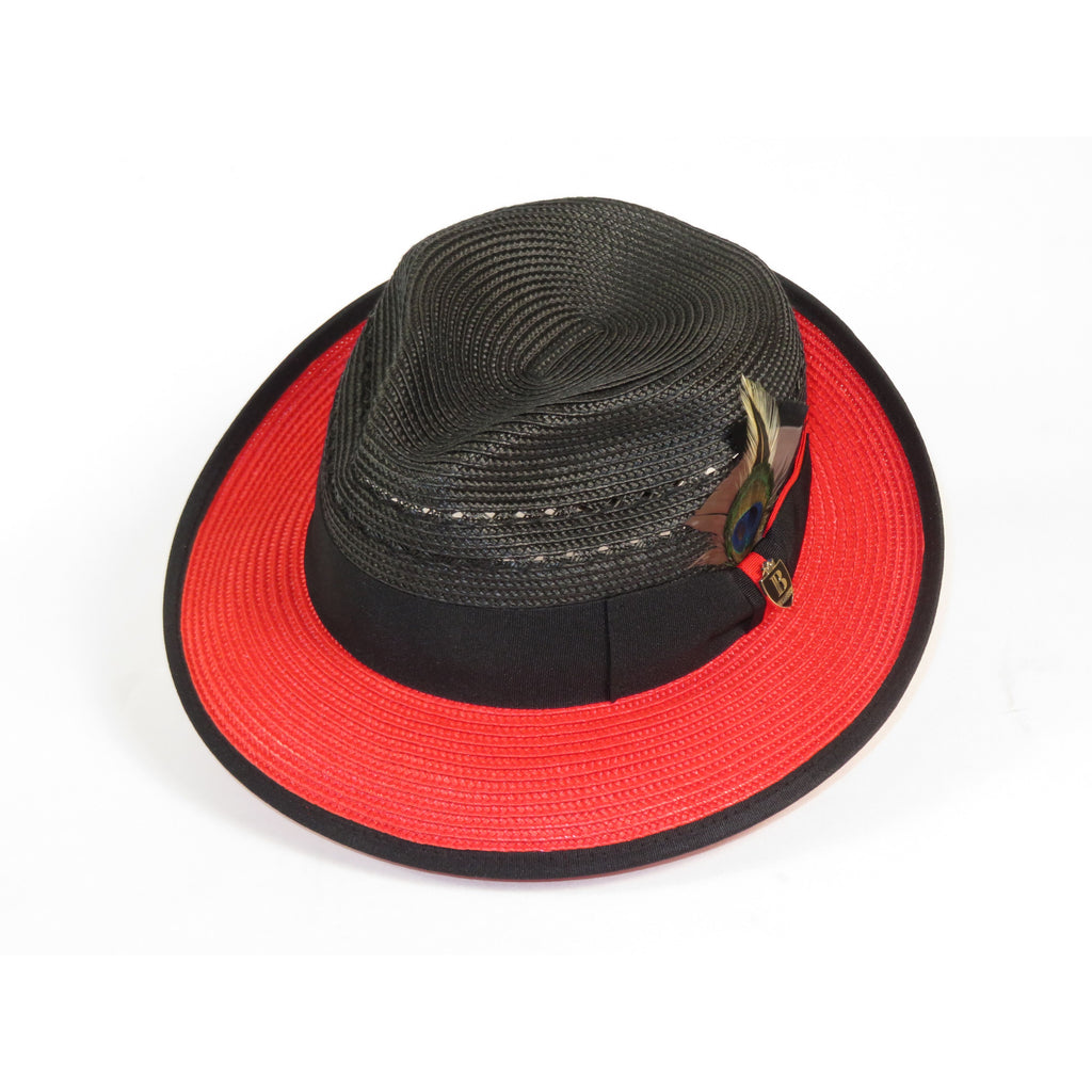 Men's Bruno Capelo 2-Tone Straw Fedora Hat CASANOVA CV892 Black/Red