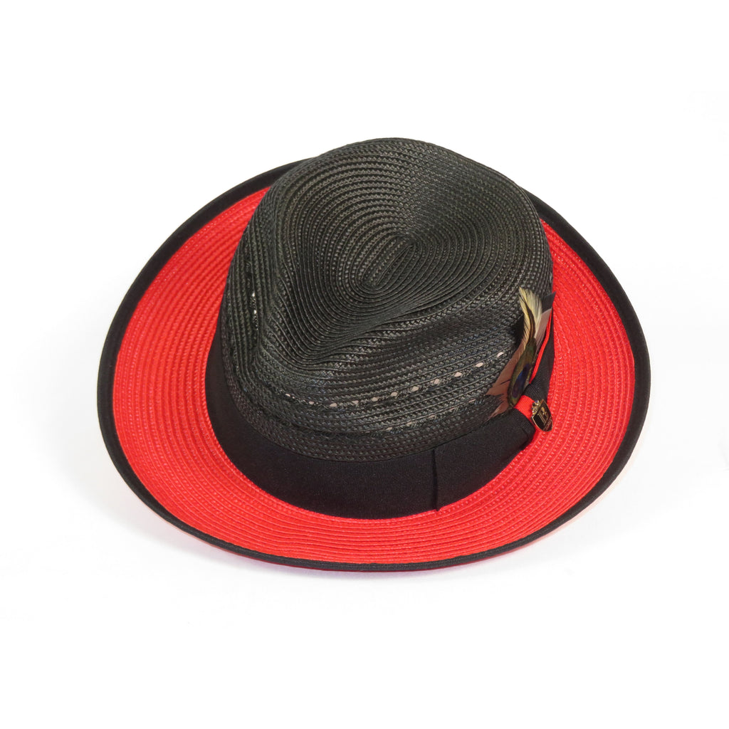 Men's Bruno Capelo 2-Tone Straw Fedora Hat CASANOVA CV892 Black/Red