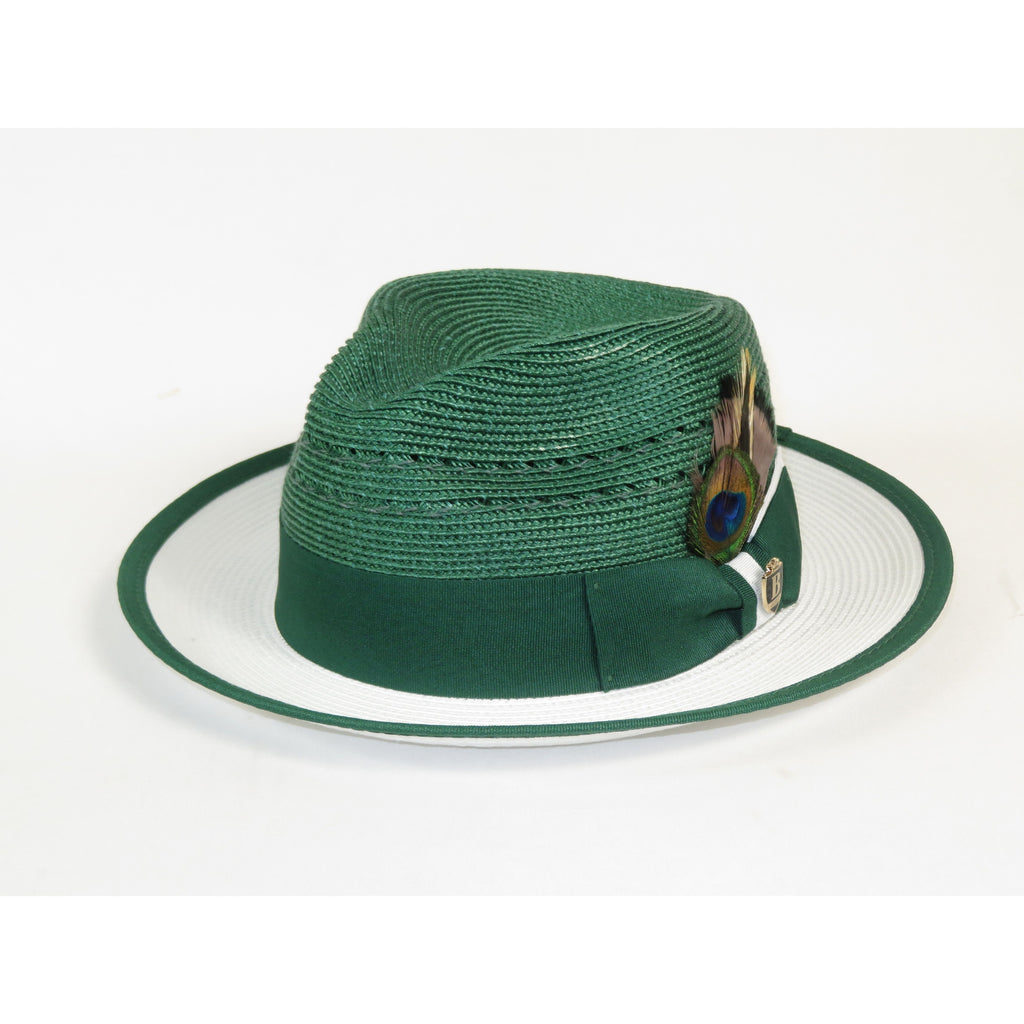 Men's Bruno Capelo 2-Tone Straw Fedora Hat CASANOVA CV894 Emerlad/White