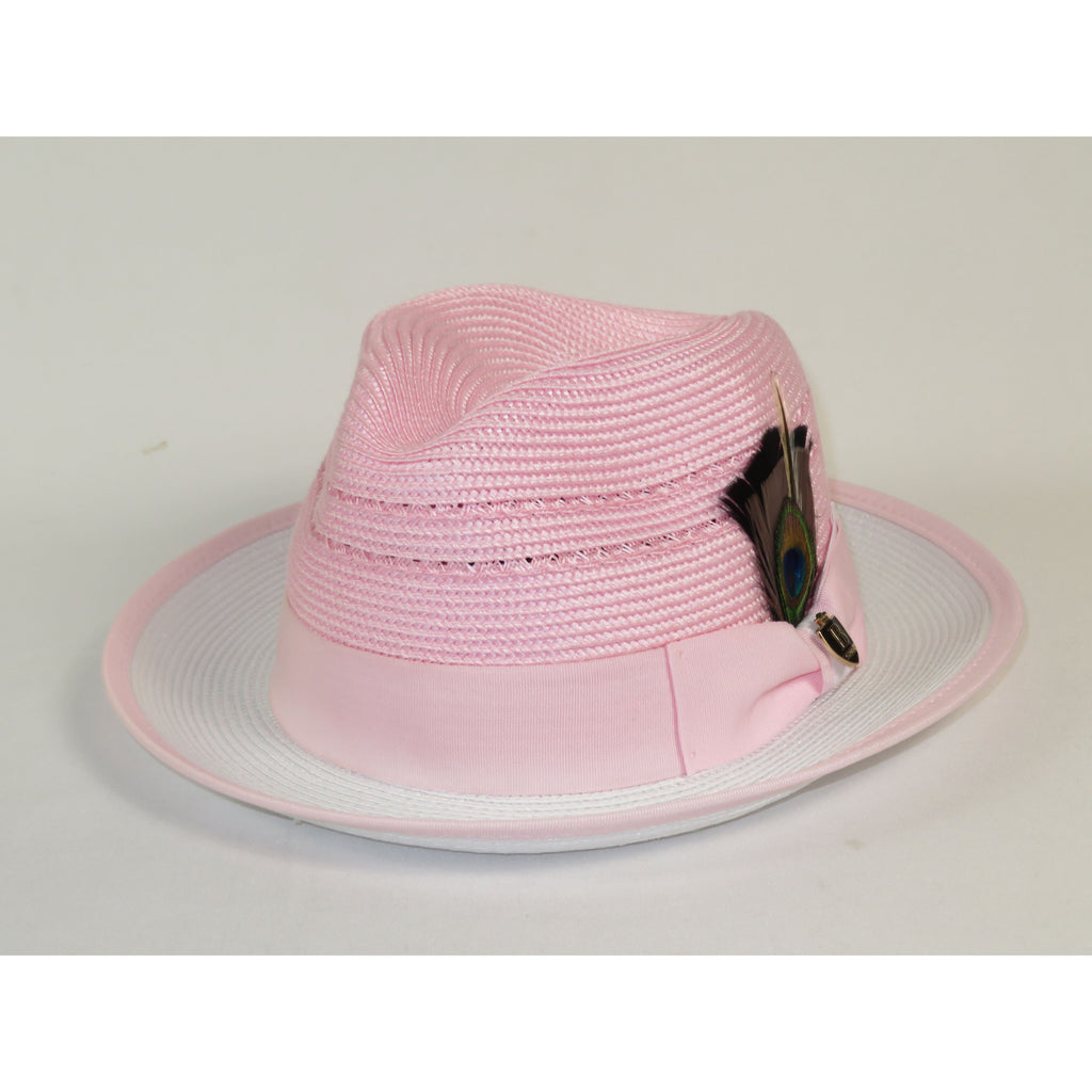 Men's Bruno Capelo 2-Tone Straw Fedora Hat CASANOVA CV895 White/Pink