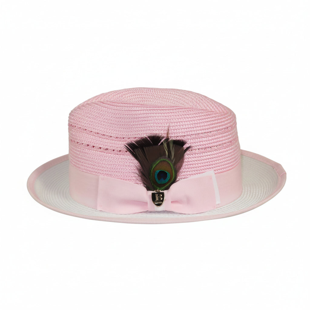 Men's Bruno Capelo 2-Tone Straw Fedora Hat CASANOVA CV895 White/Pink