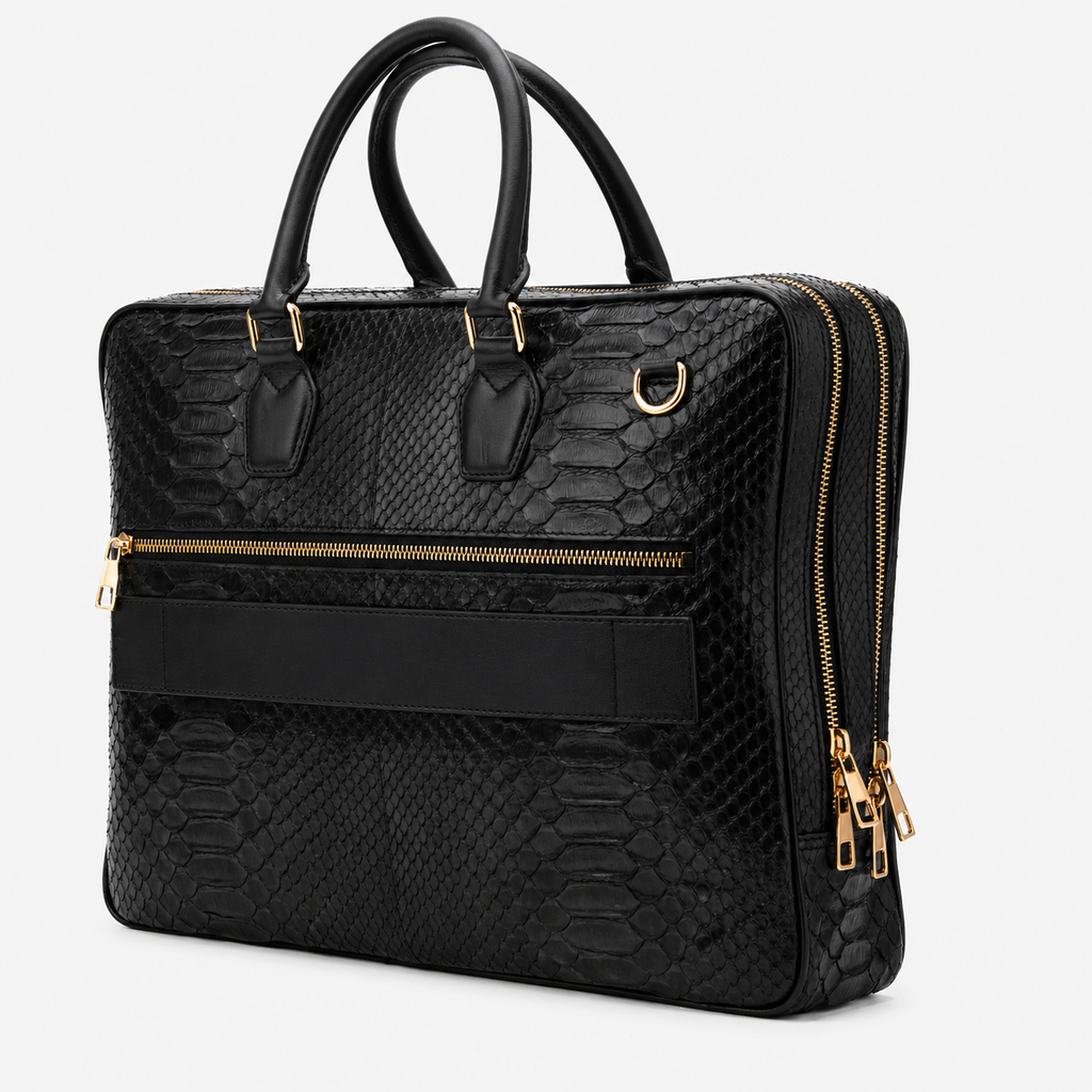 The Cortona Black Snake Leather Men’s Laptop Briefcase