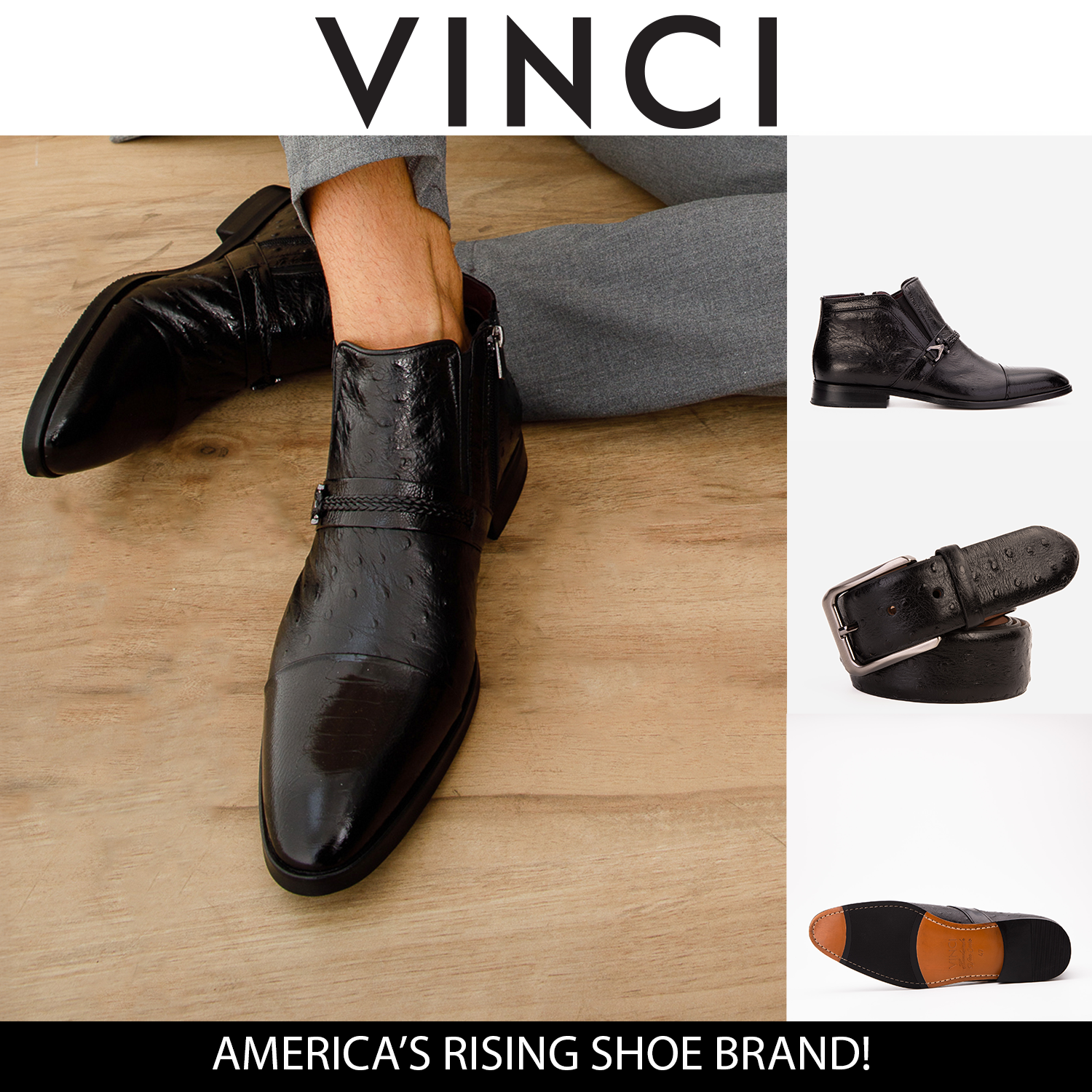Vinci The Dallas Black Leather Bit Ankle Zip-Up Dress Men Boot