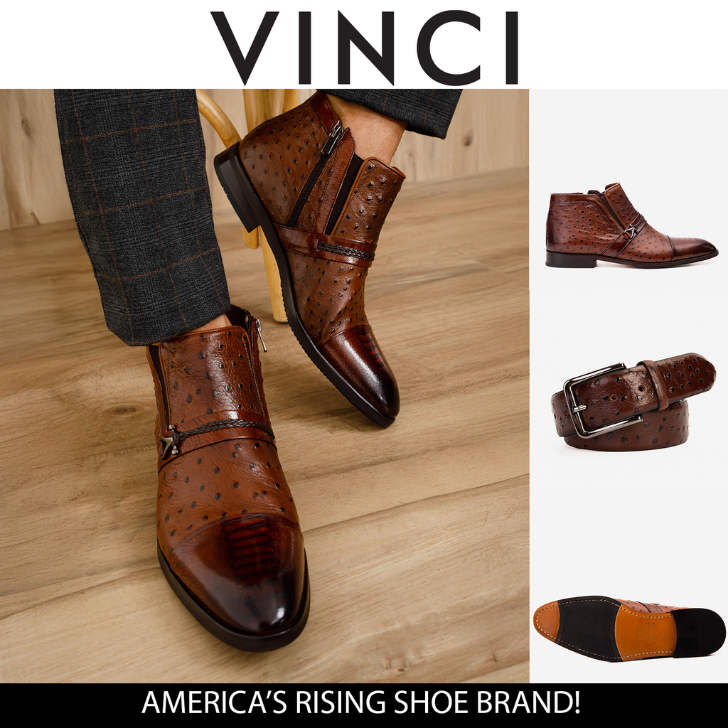 Vinci The Dallas Tan Leather Bit Ankle Zip-Up Dress Men Boot