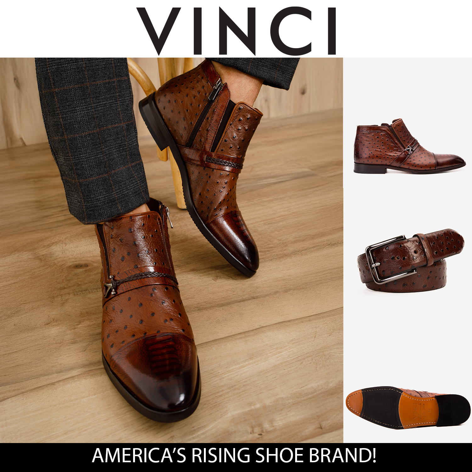 Vinci The Dallas Tan Leather Bit Ankle Zip-Up Dress Men Boot