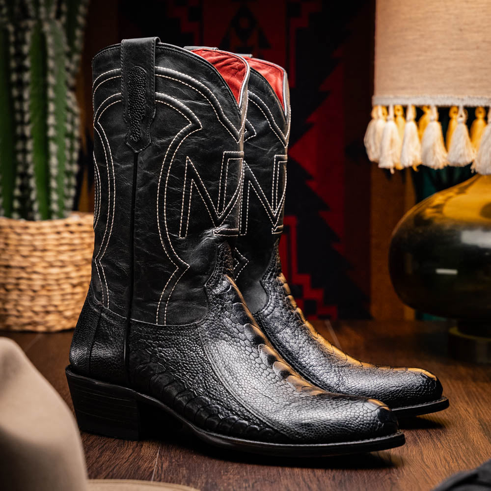 DENVER  Genuine Ostrich Leg Skin Cowboy Boot from the Western Collection Black